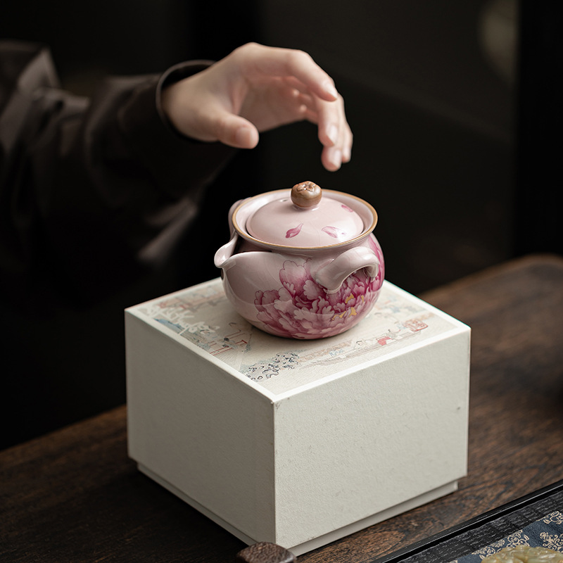 Ấm cầm tay hoa mẫu đơn Ru Kiln màu hồng ấm pha trà bộ trà Kung Fu đơn dụng cụ pha trà chống bỏng gốm sứ gia dụng hộp quà