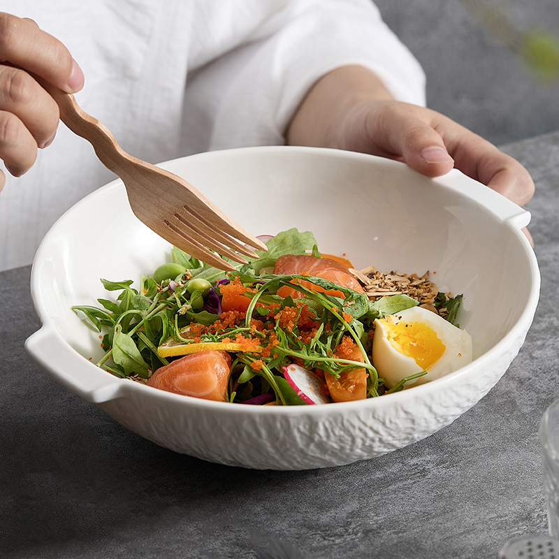 Bát salad đơn giản hộ gia đình hai tai chống bỏng ramen bát nhà hàng bát súp lớn Nhật Bản bát trái cây khách sạn bộ đồ ăn bằng gốm sứ