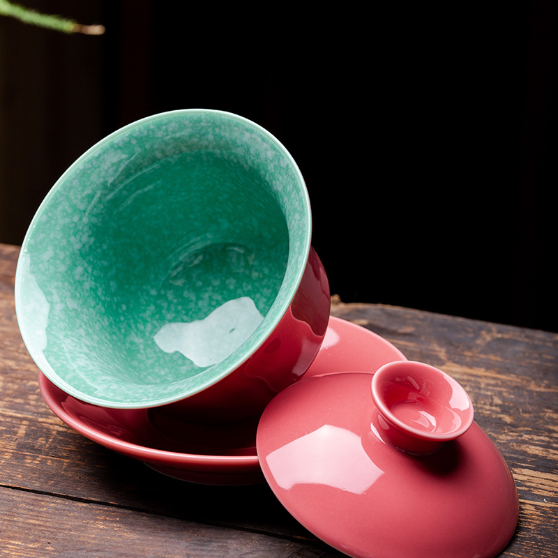 Retro Rouge Handmade Bao Phủ Bát Trà Lớn Sancai Bộ Trà Cảnh Đức Trấn Cưới Gốm Kung Fu Bộ Trà
