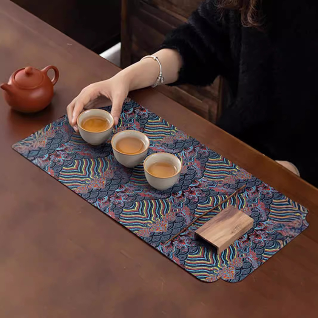 Bộ trà hai mặt chiếu trà, khăn trà kiểu Trung Quốc thấm nước, tấm lót bàn trà chống nước, tấm lót bàn, tấm lót xốp khô cách nhiệt, tấm lót ly vải nghệ thuật