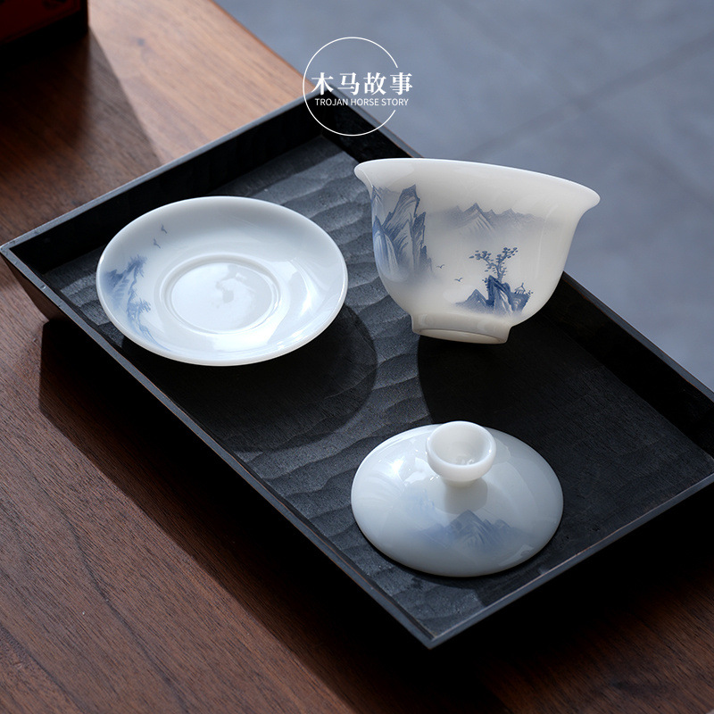 Cốc trà có nắp sứ trắng vẽ tay cao cấp, bát trà hồng phong cảnh đơn, cốc pha trà ngọc cừu loại đá Đức Hoa