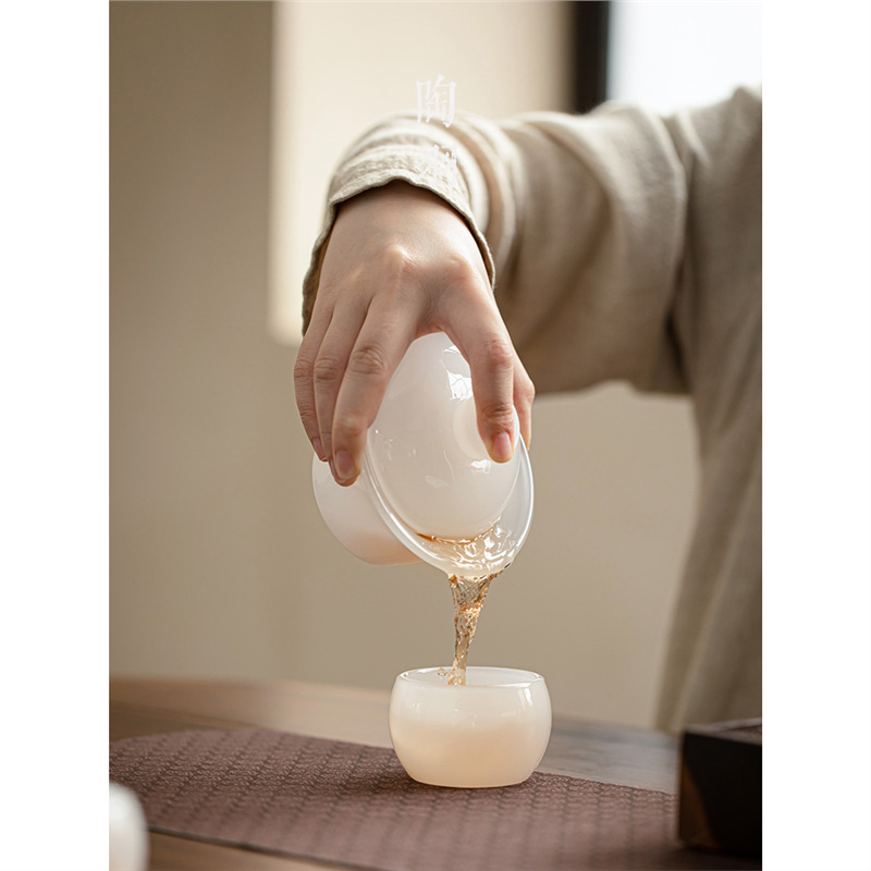 Cốc trà có nắp ba màu, cốc trà, bộ trà thủy tinh chống bỏng một tay, bát trà, bát có nắp sứ ngọc trắng, cao cấp có nắp