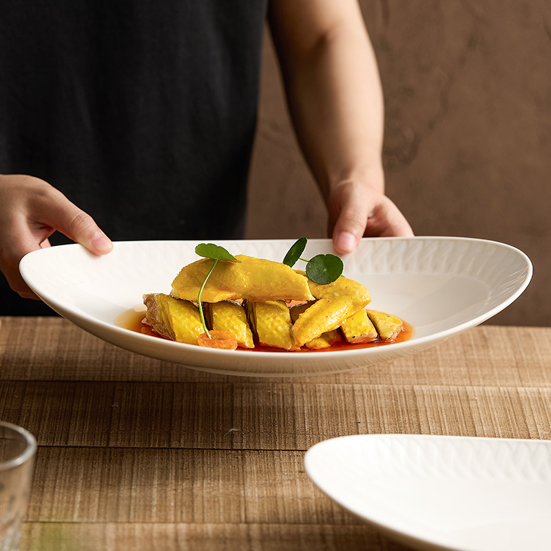 Đĩa ăn bằng gốm, đĩa cá, đĩa hấp cá gia dụng, bộ đồ ăn khách sạn cao cấp, đĩa thức ăn sáng tạo màu trắng tinh khiết, đĩa hình bầu dục, đĩa sâu