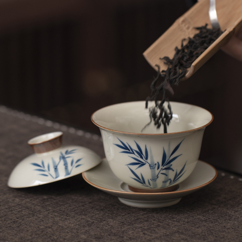 Bát có nắp ba tài vẽ tay cổ điển, bộ trà gốm sứ gia dụng cao cấp một cỡ lớn, cốc trà, bát trà màu tráng men Kung Fu