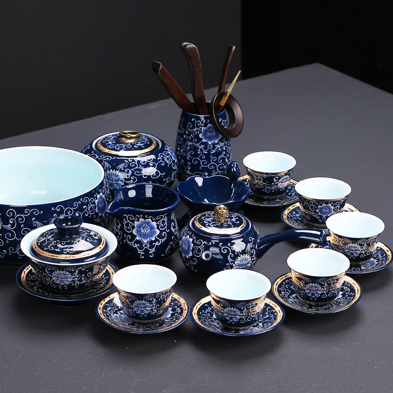 Bộ dụng cụ trà Kung Fu sứ trắng xanh gia dụng đơn giản cao cấp có nắp ấm trà ấm trà cốc trà quà tặng bán buôn