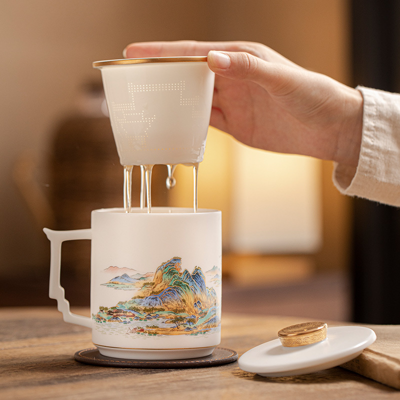 Cốc văn phòng bằng sứ ngọc có nắp của Li Tuting, cốc trà tách nước, cốc hội nghị phong cách Trung Quốc theo xu hướng quốc gia, cốc hội nghị phong cách Trung Quốc theo xu hướng quốc gia.