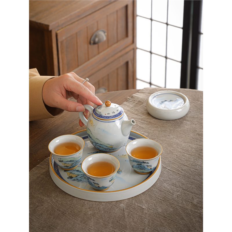 Bộ ấm trà Kung Fu sứ trắng xanh kiểu Trung Quốc cổ ấm trà bộ nhỏ chuyên dụng gia dụng bán buôn quà tặng