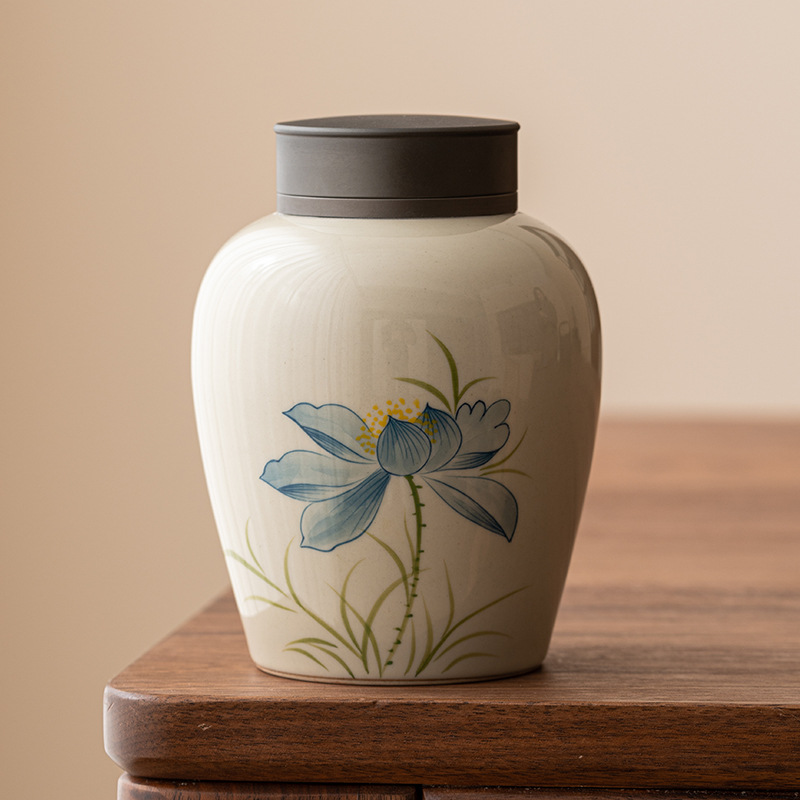 Bình trà hoa sen xanh xám thực vật, bình kín, bình đựng trà gia dụng cao cấp cao cấp, bộ trà kho trà lớn chống ẩm