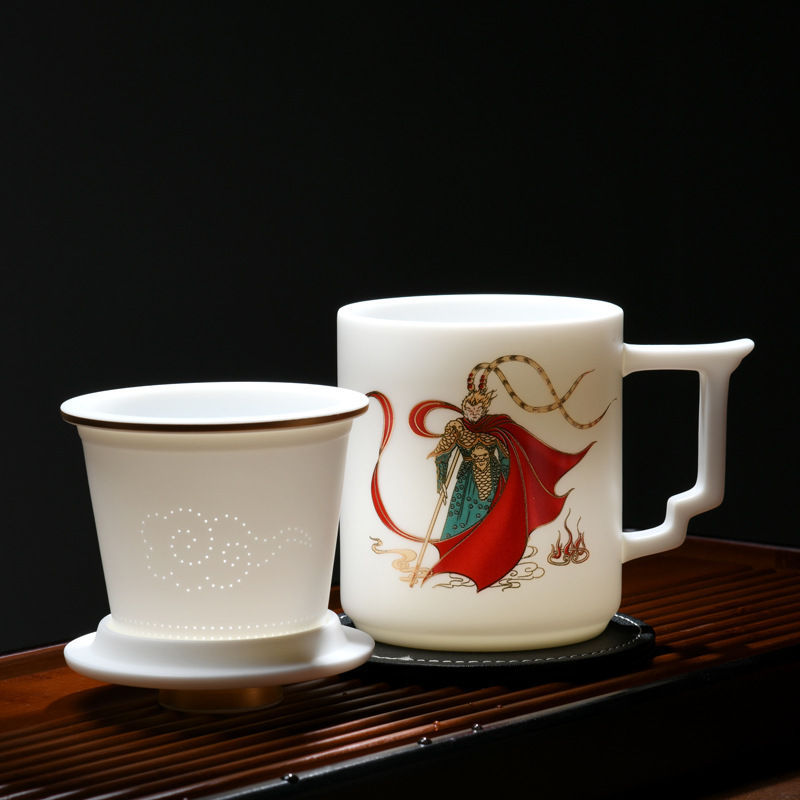 Dehua sứ trắng mỡ cừu ngọc băng tách trà cốc văn phòng nung chay có nắp chiến tranh gốm sứ Thánh Phật Ngộ Không tách trà