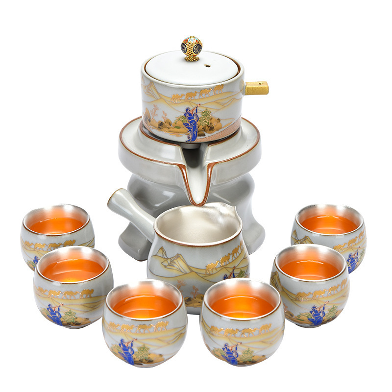 Bộ ấm trà Kung Fu tự động gốm sứ lò Ru bạc 999 bộ ấm pha trà lười cao cấp văn phòng tiếp khách gia đình