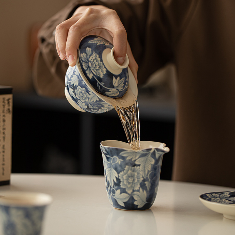 Soda tráng men Yuan màu xanh và trắng gia dụng mở gốm sứ bát pha trà tam tài cốc trà cỡ lớn có nắp bát cầm tay bộ trà Kung Fu