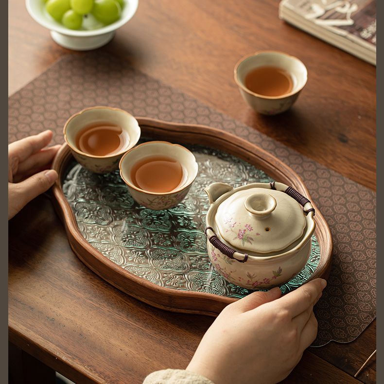 Ấm cầm tay Ru Kiln màu be, bát có nắp cỡ lớn, chén trà, khay trà, bát pha trà chống bỏng, bộ trà Kung Fu cao cấp mở lát