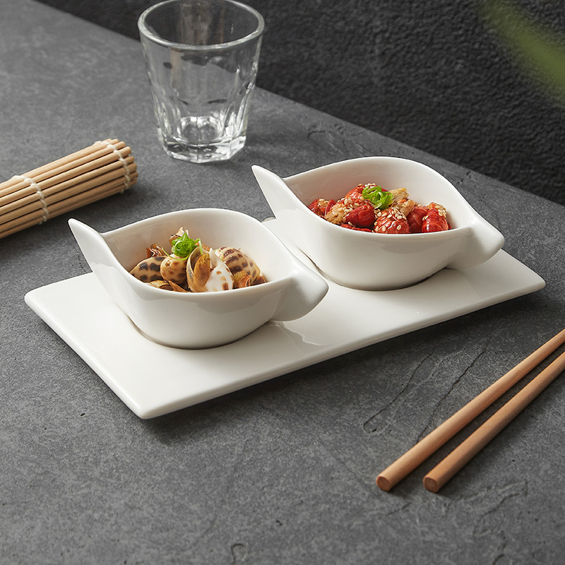 Món ăn gốm sứ Dehua Món tráng miệng Món ăn vặt cao cấp sang trọng nhẹ gia dụng Đĩa nước sốt lẩu Bộ khay hai tai