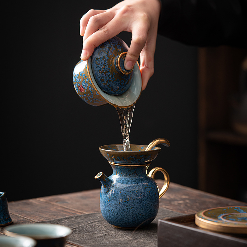 Bộ ấm trà Kung Fu sứ Jun cao cấp ấm trà gia dụng hộp quà tặng văn phòng gốm sứ cao cấp sang trọng