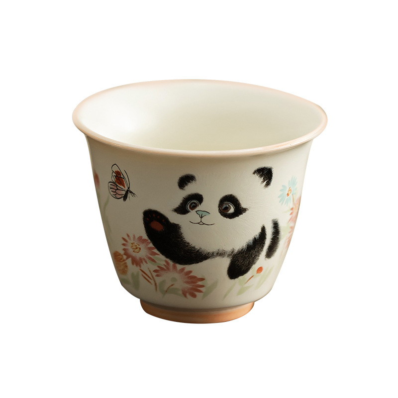 Cốc trà gốm sứ phong cách dễ thương của gấu trúc Dingyao màu be cốc chủ sở hữu bộ trà kung fu gia dụng cốc trà đơn