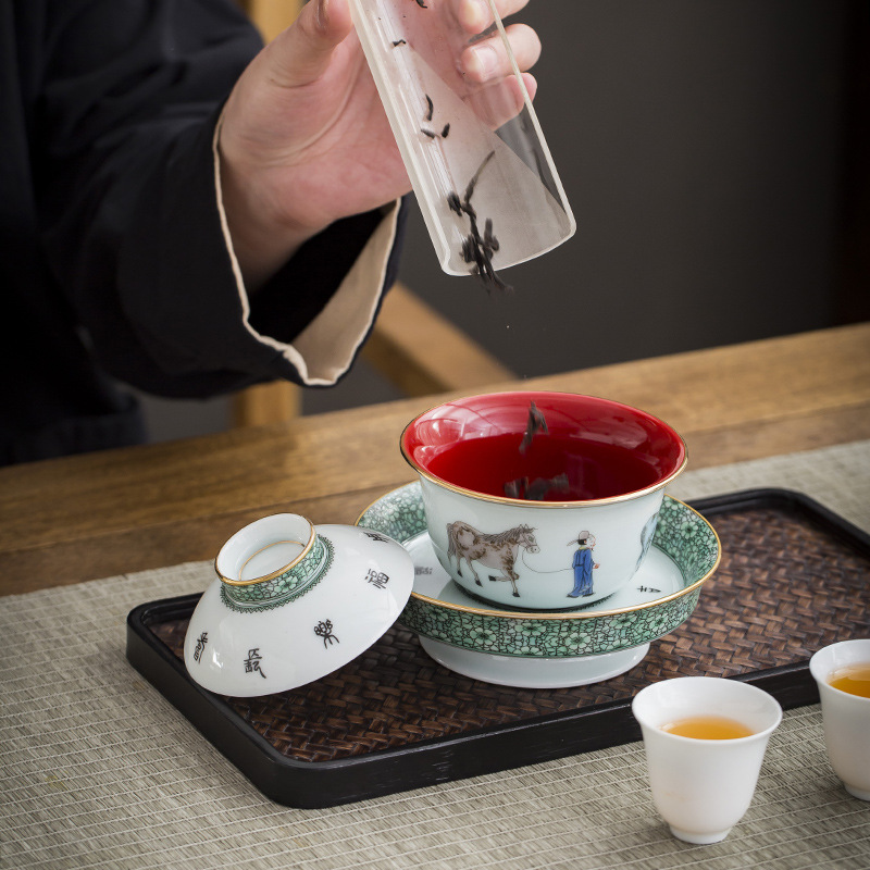 Jingdezhen cổ điển cỡ lớn bát có nắp ba tài dụng cụ pha trà cao cấp bát pha trà bát ly trà sứ