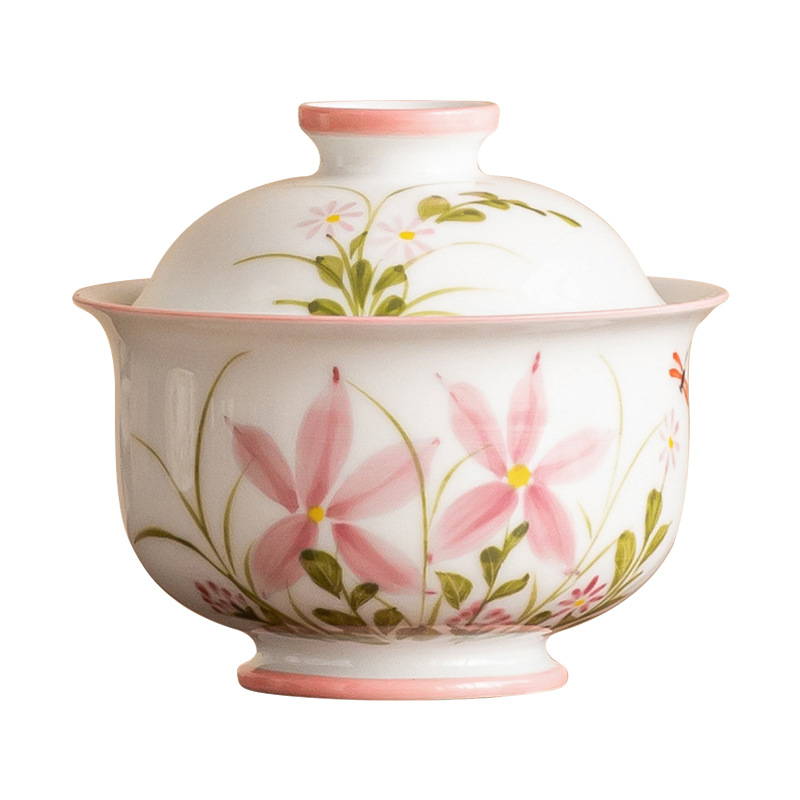 Cốc trà có nắp cao cấp, bát trà chuồn chuồn hoa cúc vẽ tay, bát trà gốm sứ gia dụng kiểu Trung Quốc có nắp, dụng cụ pha trà chống bỏng