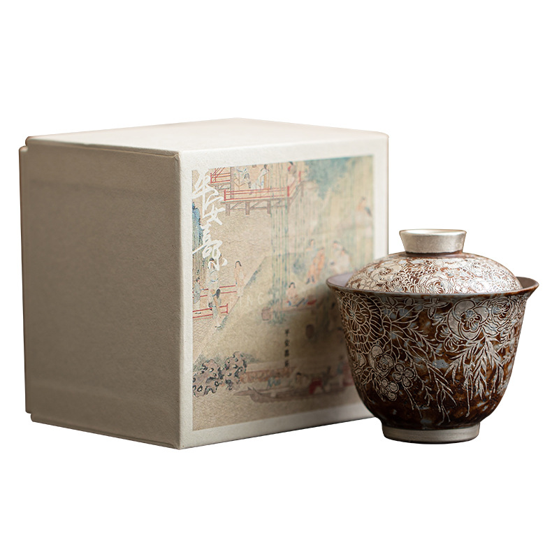 Bát có nắp bằng bạc mạ hoa bùn đá cũ, Bộ trà Kungfu gốm thô gia dụng cổ điển, bát có nắp, bát pha trà cỡ nhỏ, cốc trà