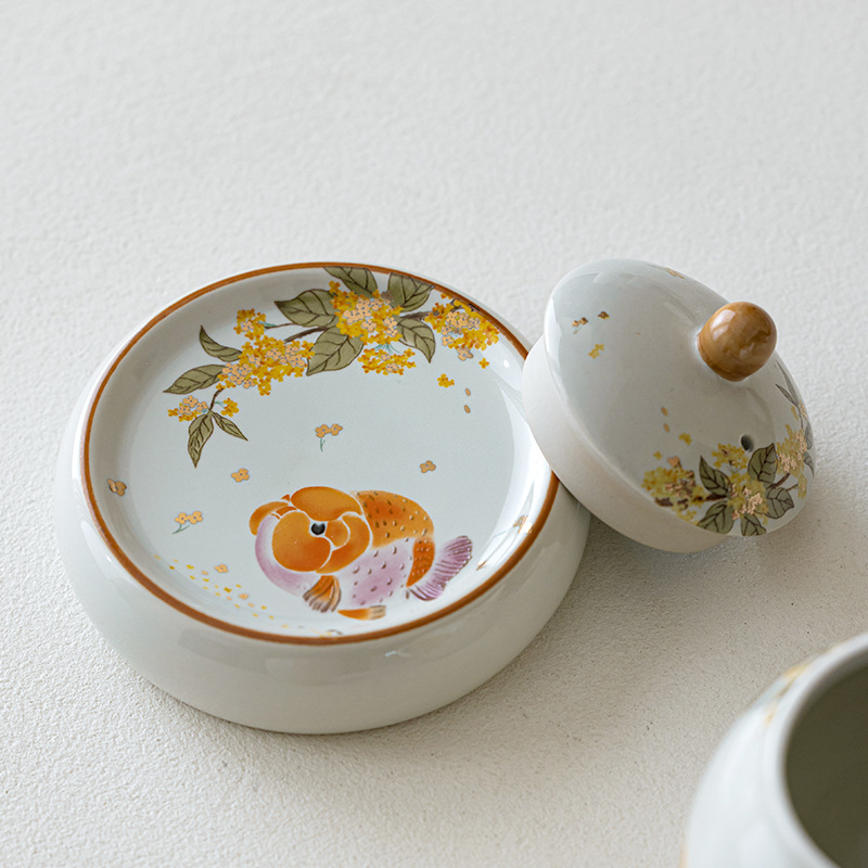 Ấm trà hình tròn có nắp đựng cá osmanthus màu xám thực vật phong cách dân tộc, cốc trà, đệm cách nhiệt, phụ kiện bộ trà Kung Fu gốm sứ gia dụng