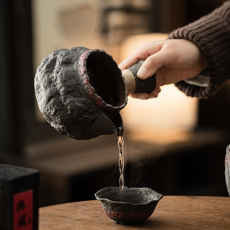 Bộ ấm trà ấm đá cổ điển bùn đá cổ lọ tay cầm bên ấm trà đun trà dung tích lớn nến đèn cồn đế ấm trà
