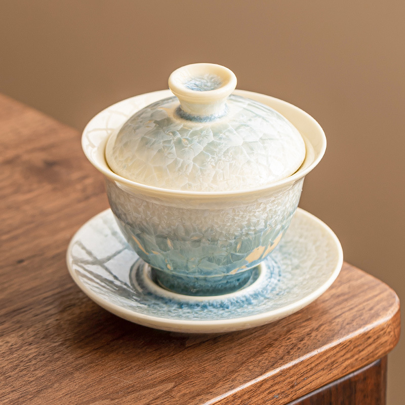 Pha lê men hồ xanh bát nắp tam tài cốc trà cốc gốm sứ cao cấp gia dụng bát trà Kung Fu có nắp bộ trà Kung Fu đơn