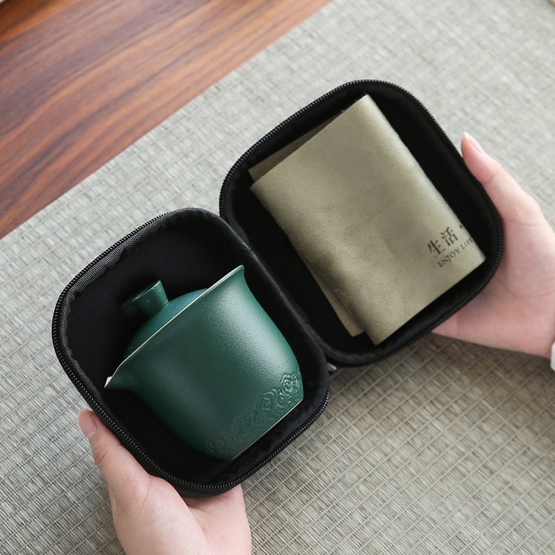 Bộ trà sóng biển gốm thô Bộ một ấm Ba cốc đựng đồ xách tay ngoài trời dụng cụ pha trà đơn giản Bộ trà Kung Fu gốm sứ