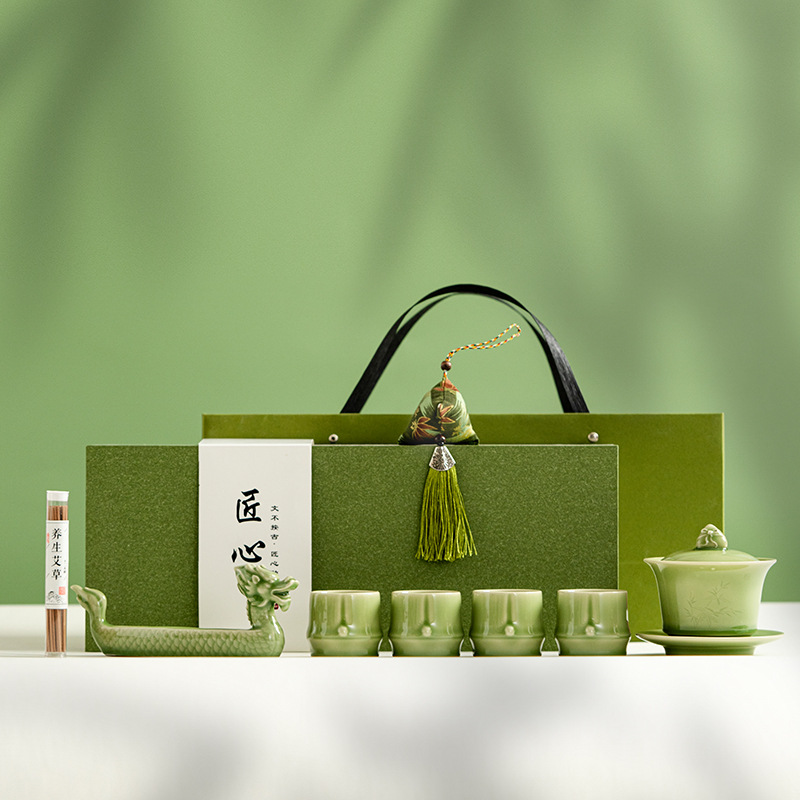 Lễ hội thuyền rồng Lễ hội thuyền rồng Quà tặng Zongzi Celadon nắp chén trà Bộ ấm trà Kung Fu Bộ quà tặng công sở cao cấp