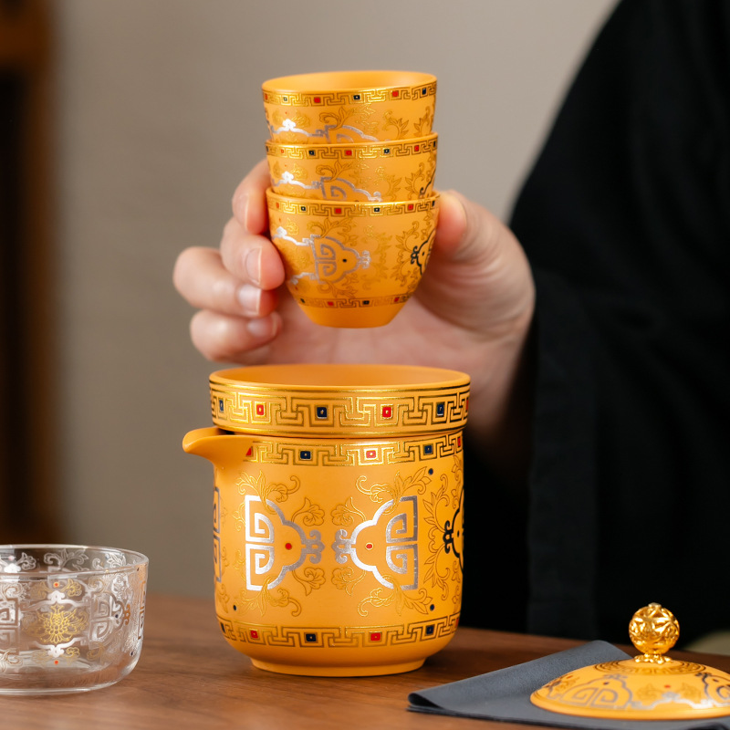 Bộ ấm chén du lịch văn hóa và sáng tạo Đôn Hoàng, chất liệu đất sét vàng tím, kiểu dáng cắm trại ngoài trời, tiện mang theo, ly nhỏ gọn