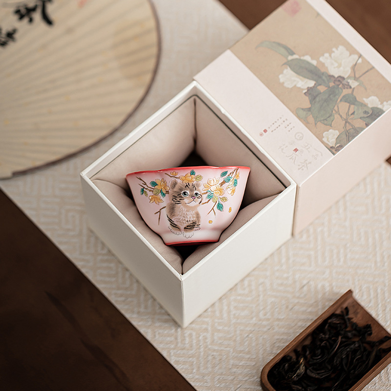 Mỡ lợn đông lạnh hoa vàng cốc cánh hoa mèo cốc chủ nhân cốc trà gốm sứ đơn cốc công phu Bộ trà cốc trà nhỏ hộp quà chén trà