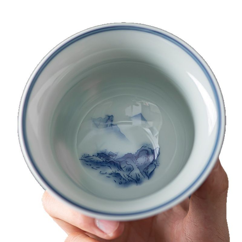 Bát có nắp ba tài cổ điển cốc trà đơn gốm sứ cao cấp bộ trà Kung Fu sứ trắng xanh bát pha trà cỡ lớn nhỏ có nắp