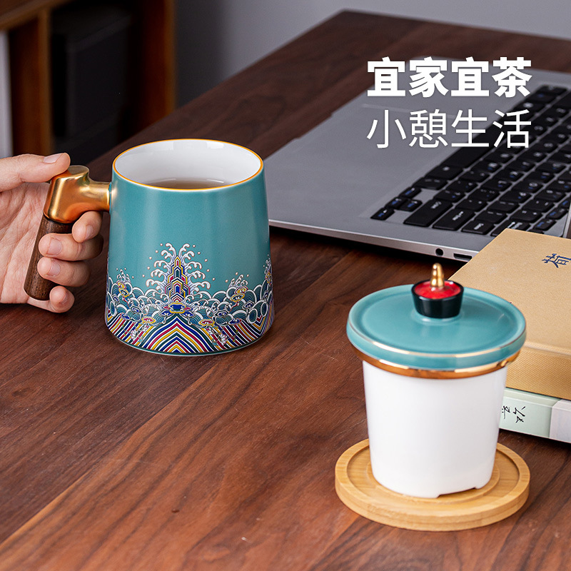 Cốc Mug gốm phong cách Cung điện cốc tách nước trà Cốc pha trà dung tích lớn văn phòng cốc lọc trà có nắp