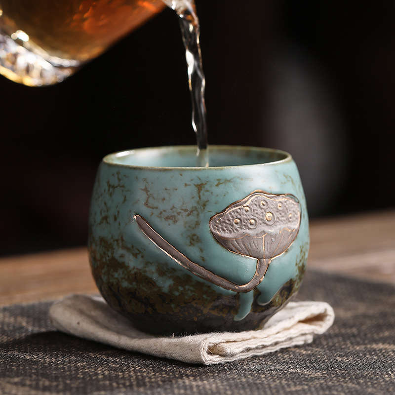 Cốc bốn mùa, cốc trà phù điêu hoa sen, cốc gốm thô cổ điển, cốc đơn 4 cốc, cốc trà lớn, cốc chủ nhân