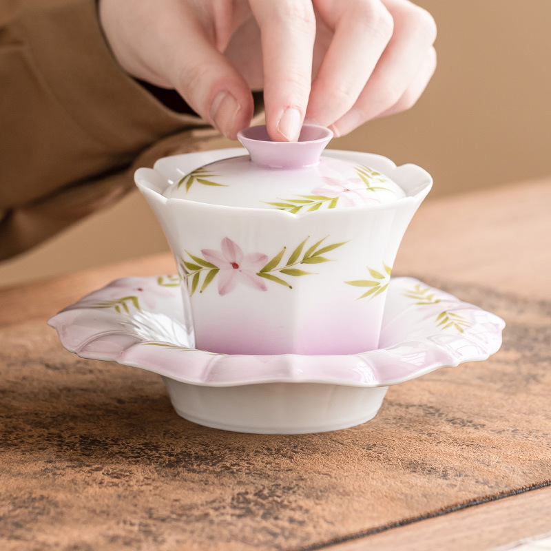 Vẽ tay gradient tím ba tài có nắp đậy bát pha trà gốm sứ Dream Lock Yan Bộ trà Kung Fu cao cấp có nắp ấm một tay