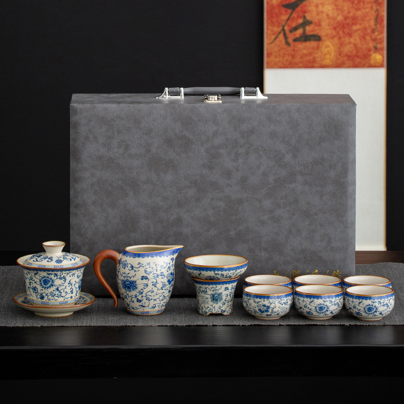 Bộ dụng cụ pha trà Kung Fu lò Ru màu xanh và trắng dụng cụ pha trà văn phòng cao cấp sang trọng nhẹ gia dụng ấm pha trà kèm theo quà tặng