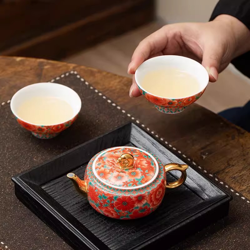 Bộ ấm chén du lịch men gốm De Ding Man Tang Hong, gồm một ấm và hai chén, quà tặng lễ hội, cưới hỏi, tân gia.