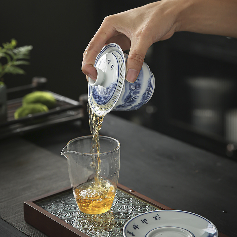 Gaiwan sứ trắng xanh cổ điển, gaiwan ba tài, sứ ngọc trắng, dụng cụ lọc trà nắp ngàn lỗ sáng tạo, bát trà, sự đơn giản của Thiền.