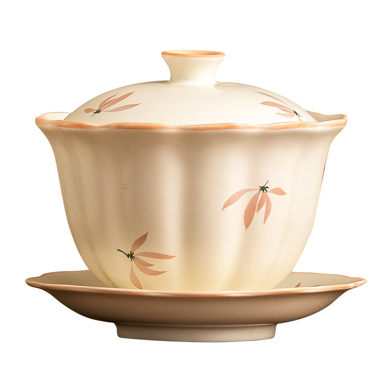 Bát tam tài hoa lan tráng men màu vàng gạo bát đựng trà gia dụng dung tích lớn có nắp không nóng bộ trà pha trà Kung Fu