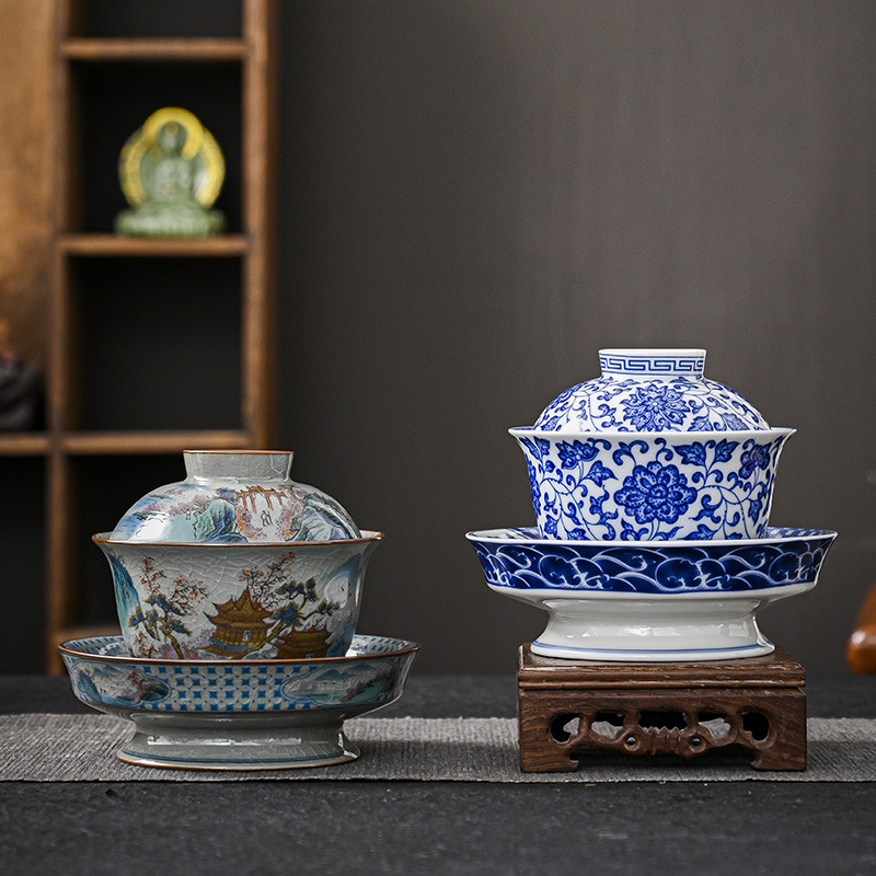 Bộ bát có nắp ba tài bằng sứ trắng xanh Jingdezhen bộ trà Kung Fu cao cấp bộ bát pha trà bộ ba món chống bỏng bán buôn
