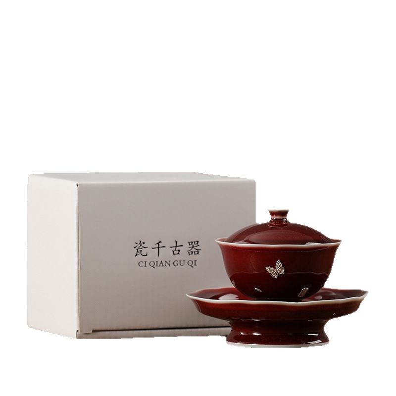 Bộ gaiwan ba tài màu đỏ dát bạc, bộ trà kung fu tua rua không nóng, bát trà, quà cưới, bát trà cao cấp