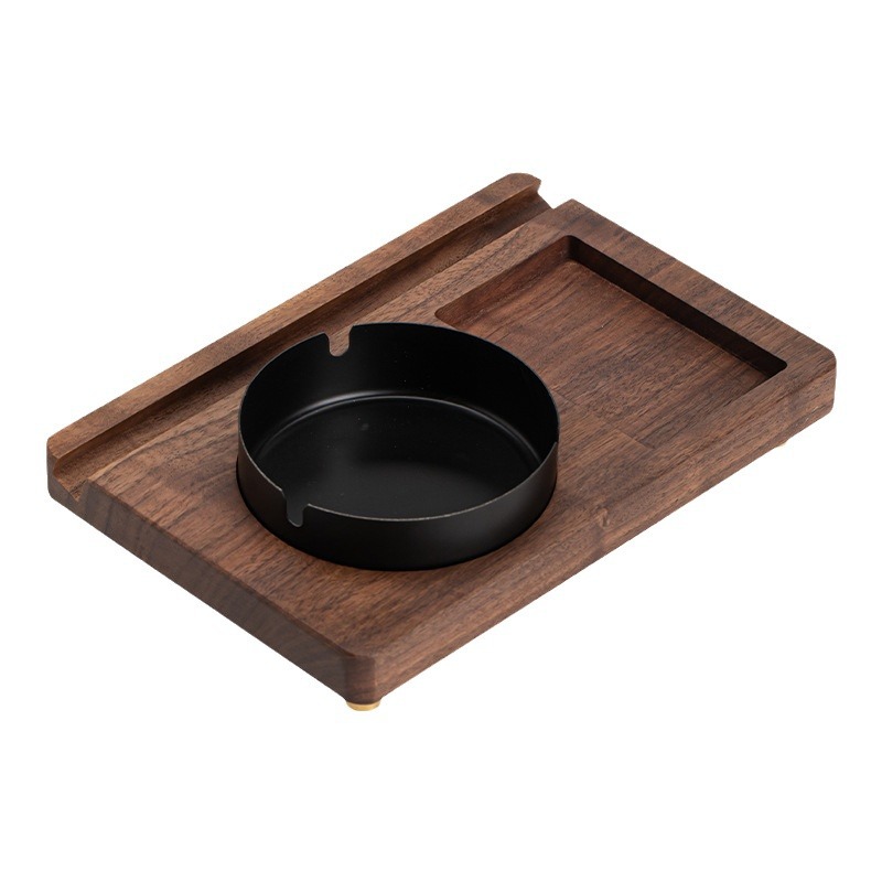 Gạt tàn gỗ óc chó đen kiểu giữa Daantang, đồ trang trí trang trí phụ kiện Bộ trà văn phòng cổ điển có nắp cho gia đình