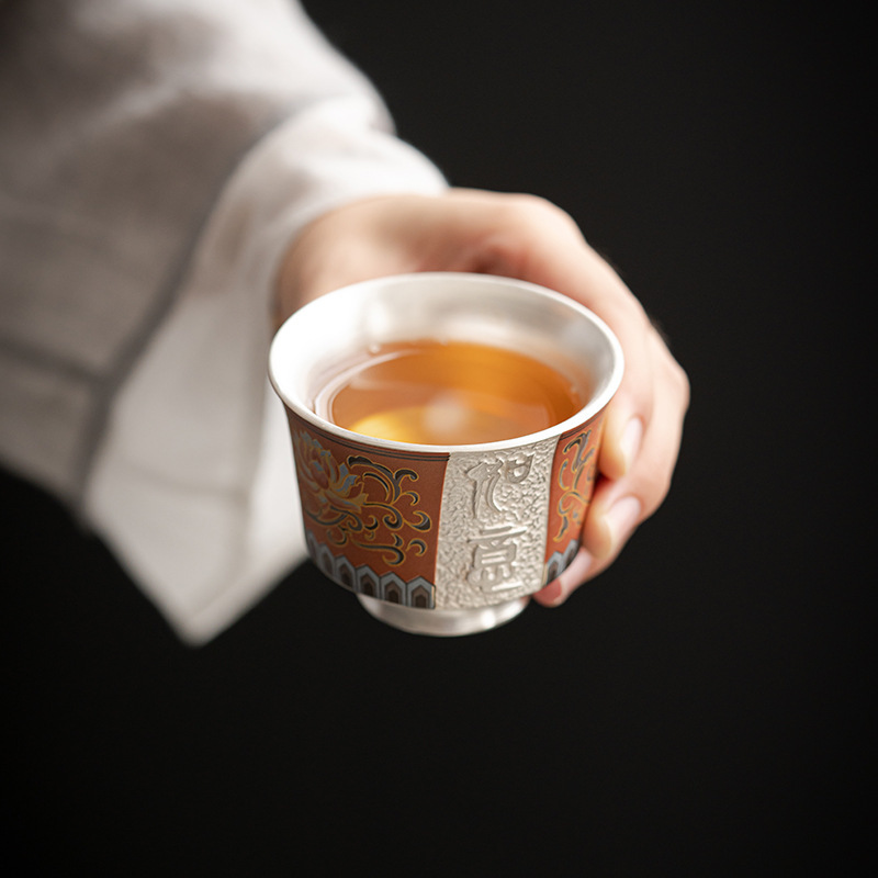 Cốc trà mạ bạc 999 cốc đơn trà mạ bạc gốm sứ cỡ lớn cốc trà Bộ trà Kung Fu cốc chủ nhân cốc trà cốc Baifu