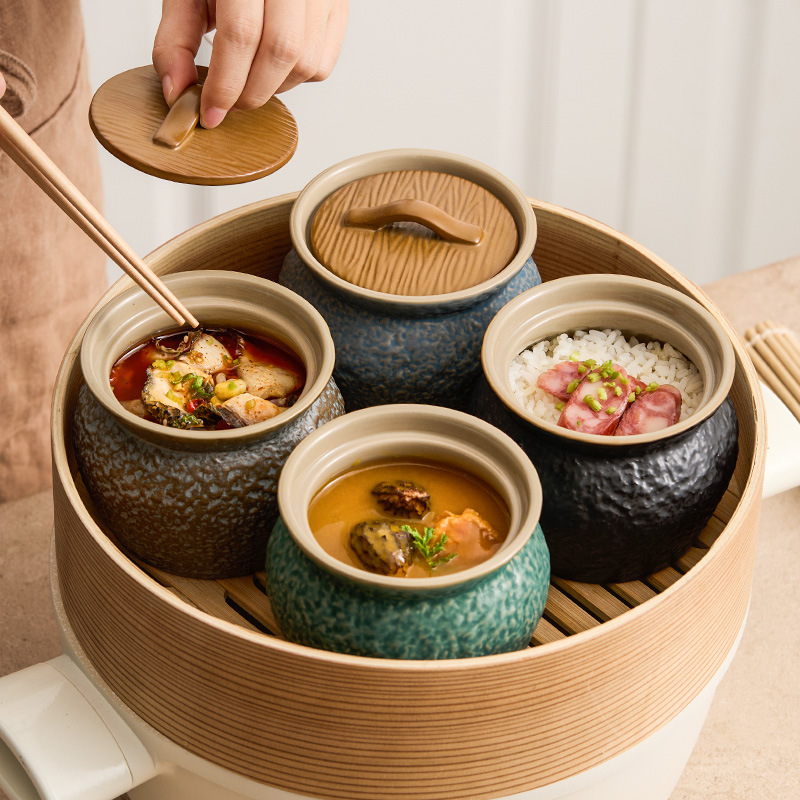 Nồi đất nung họa tiết đá dành cho một người, nồi súp gia đình, nồi đơn, sườn heo, nồi súp gà đen, súp tốt cho sức khỏe, cốc trứng hấp bằng gốm