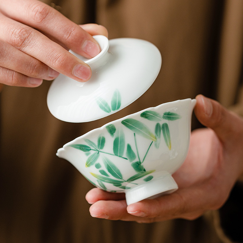 Bát trà có nắp sứ trắng Dehua chén trà vẽ tay có nắp bát pha trà Kung Fu chịu nhiệt gia dụng