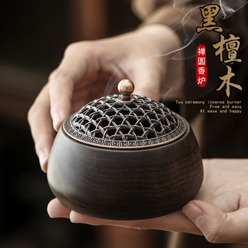 Lư hương hình tròn thiền gỗ đàn hương đen, lư hương gốm sứ kiểu Trung Quốc, bếp hương có nắp dùng trong gia đình, đồ trang trí để bàn, phụ kiện bộ trà