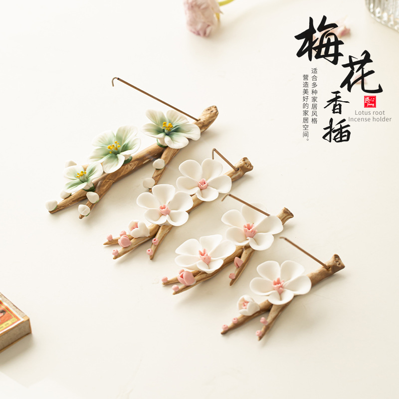 Khay cắm hương hoa mận đế gỗ đàn hương thủ công bàn trà gia dụng đồ trang trí giá trị cao phụ kiện trà đạo gốm sứ