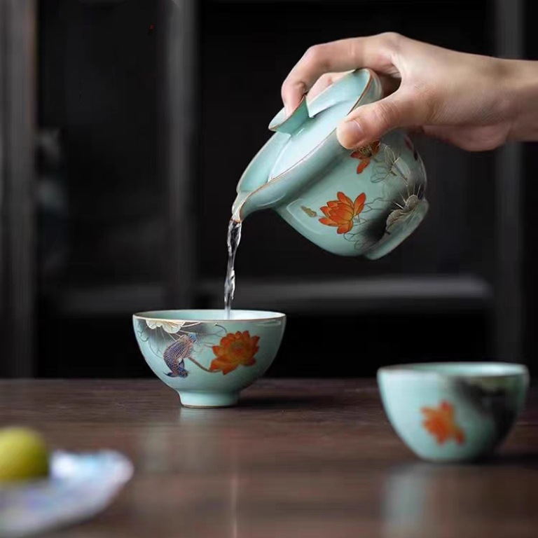 Bộ ấm trà du lịch Ru Kiln, cốc khách nhanh di động, ba cốc cho một người ngoài trời, quà tặng lò hồ dày cao cấp