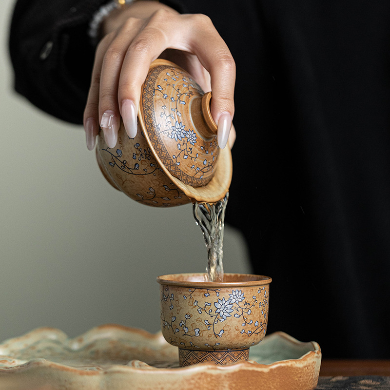 Bộ trà du lịch hoa sen xanh và trắng Bộ trà Kung Fu gốm cắm trại di động Một ấm ba cốc