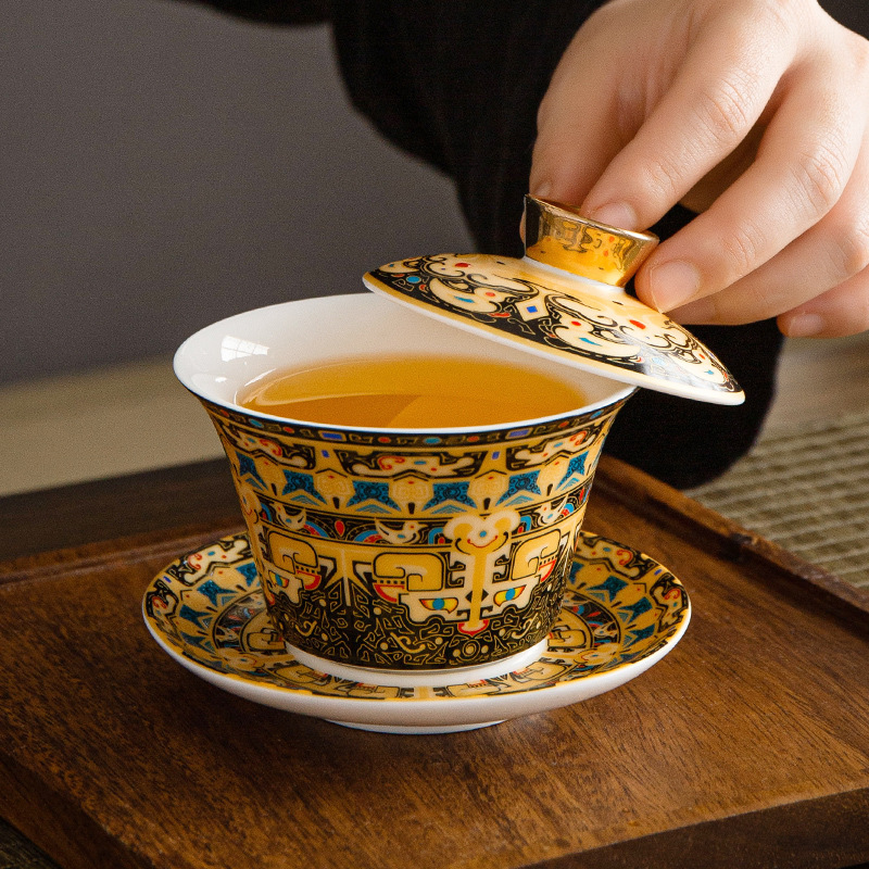 Cốc trà bát nắp tam tài bạc cloisonné bộ ấm trà kungfu mới kiểu Trung Quốc xoay có thể di chuột, bát pha trà cao cấp gia dụng