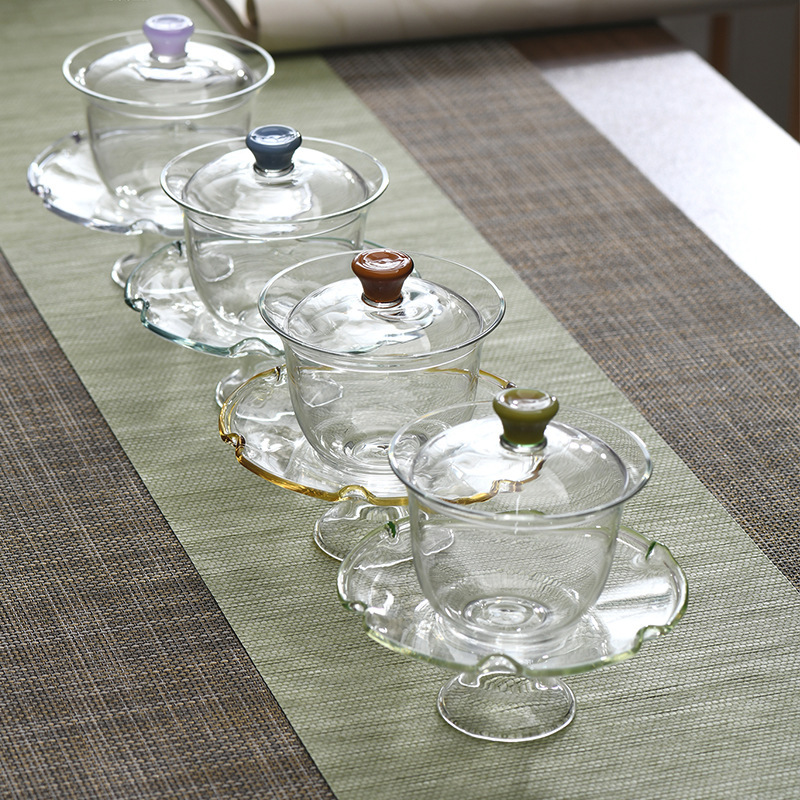 Bát nắp thủy tinh cao cấp Bộ trà Kung Fu đơn dụng cụ pha trà xanh cao cấp trong suốt cầm tay chống bỏng không nóng