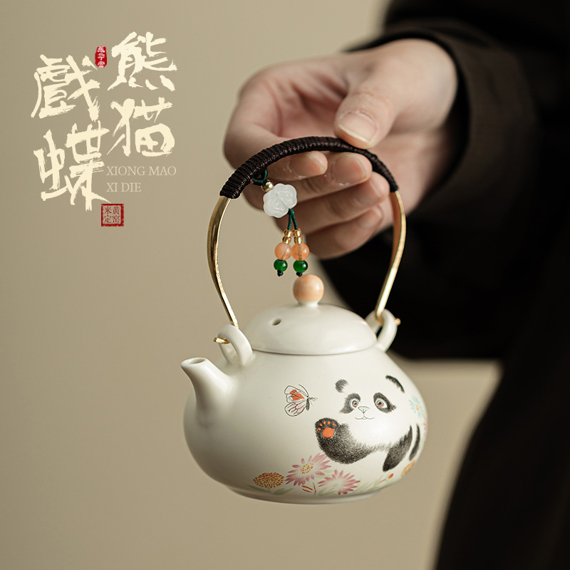 Ấm trà gấu trúc chơi bướm, ấm trà Kung Fu bằng gốm sứ, ấm trà đơn dung tích lớn, ấm lọc lỗ bóng
